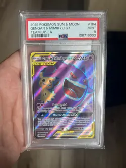 2019 POKEMON SUN & MOON TEAM UP #164 FULL ART/GENGAR & MIMIKYU GX PSA 9 - Image 1