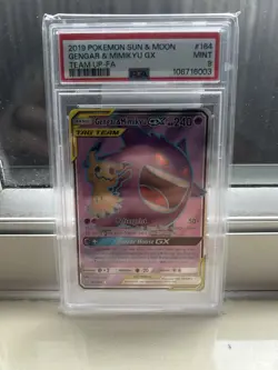 2019 POKEMON SUN & MOON TEAM UP #164 FULL ART/GENGAR & MIMIKYU GX PSA 9 - Image 2