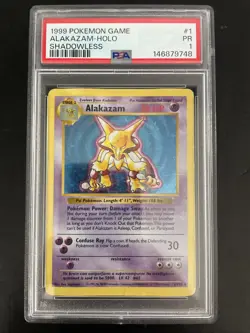 Pokemon Alakazam TCG Card 1/102 Base Set, Shadowless, Unlimited Holo Rare PSA 1 - Image 1