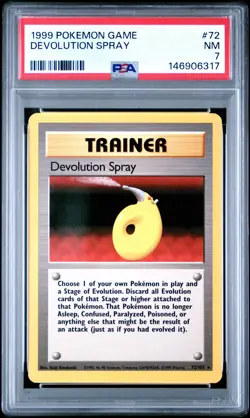 1999 POKEMON BASE SET UNLIMITED #72 DEVOLUTION SPRAY PSA 7 - Image 1
