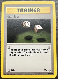1st Edition Gambler 60/62 Pokemon TCG Fossil Base Set Trainer Light Play LP - Image 1