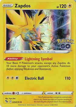 Zapdos Holo Rare Pokemon GO 029/078 NM Holofoil LP-NM - Image 1