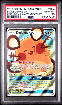 2019 POKEMON SUN & MOON UNBROKEN BONDS #195A FULL ART/DEDENNE GX PSA 10 - Image 1