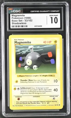 CGC 10 GEM MINT Magnemite 1999 Base Set 53/102 Shadowless Pokemon Card - Image 1
