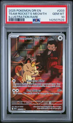 PSA 10 Team Rocket's Meowth 203/182 Destined Rivals Holo Pokemon Card - Gem Mint - Image 1