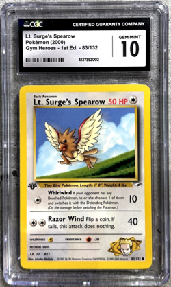 Pokemon Card 1st Ed. Lt. Surge's Spearow CGC 10 Gem, Gym Heroes 83/132, 2000 (1) - Image 1