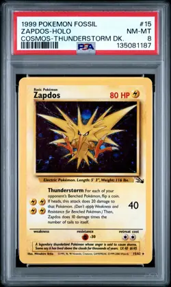 1999 POKEMON FOSSIL COSMOS-THUNDERSTORM DECK #15 ZAPDOS-HOLO PSA 8 - Image 1