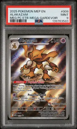 2025 POKEMON MEGA EVOLUTION POKEMON CENTER ETB PROMO #009 ALAKAZAM PSA 9 - Image 1