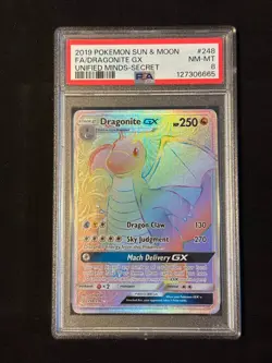 PSA 8 Dragonite GX Rainbow Secret Rare 248 Unified Minds Pokemon Sun and Moon - Image 1