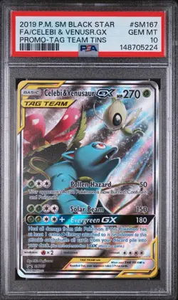 2019 POKEMON SM BSP #SM167 FA/CELEBI & VENUSR.GX PROMO-TAG TEAM TINS PSA 10 - Image 1
