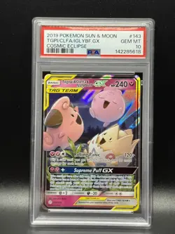 PSA 10 GEM MINT Togepi & Cleffa & Igglybuff GX 143 Cosmic Eclipse Pokemon Card - Image 1