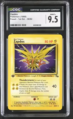 CGC 9.5 MINT+ Zapdos 1999 Fossil 1st Edition 30/62 Pokemon Card - Image 1