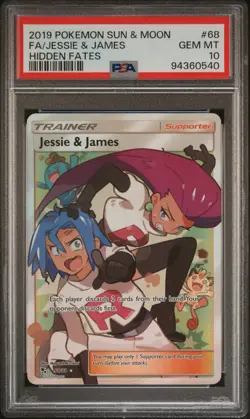 PSA 10 Team Rocket 2019 Pokemon Sun & Moon #68 Jessie James Meowth Hidden Fates - Image 1