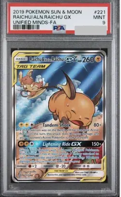 Pokemon Raichu & Alolan Raichu GX 221/236 Alternate Full Art Unified Minds PSA 9 - Image 1