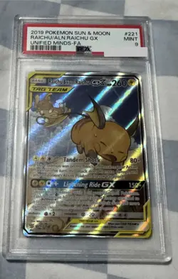 Pokemon Raichu & Alolan Raichu GX 221/236 Alternate Full Art Unified Minds PSA 9 - Image 3