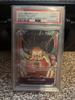 2025 ONE PIECE PROMOS BANDAI CARD GAMES FEST #073 MONKEY D. LUFFY PSA 10 - Image 1