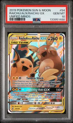 2019 POKEMON SUN & MOON UNIFIED MINDS #54 RAICHU & ALOLAN RAICHU GX PSA 10 - Image 1