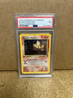 Blaine's Moltres 1/132 1st Edition Holo Pokemon Gym Heroes PSA 7 Swirl - Image 1