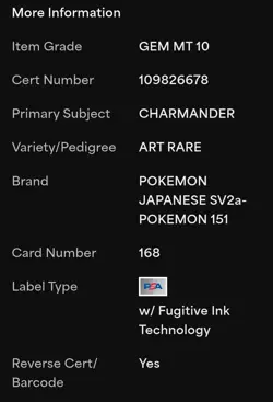 PSA 10 Charmander 168/165 ART Rare Holo Pokemon Japanese PSA Gem Mint 10 - Image 3