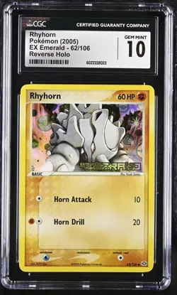 Pokemon Rhyhorn 62/106 Reverse Holo EX Emerald - CGC 10 - Image 1