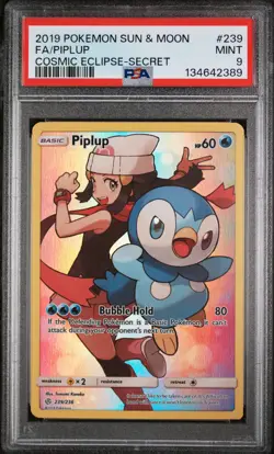 2019 POKEMON SUN & MOON COSMIC ECLIPSE SECRET #239 FULL ART/PIPLUP PSA 9 - Image 1