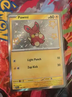 Pokemon Pawmi Shiny Holo Rare 142/091 SV: Paldean Fates Basic English Card - Image 1