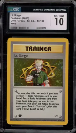 Pokemon Lt. Surge Gym Heroes 1st Edition Holo Rare #17 CGC 10 Gem Mint - Image 1