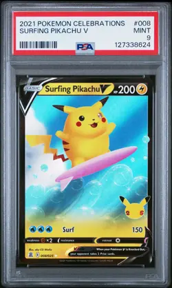 2021 POKEMON CELEBRATIONS #008 SURFING PIKACHU V PSA 9 - Image 1