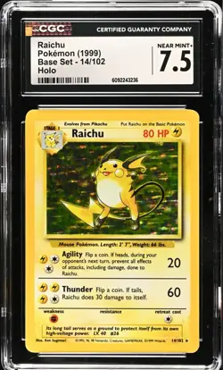 CGC 7.5 NM + Raichu 14/102 Base Set Holo Rare Holographic WOTC 1999 Pokemon - Image 1