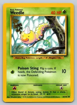 Weedle 69/102 Common Base Set Unlimited Pokemon Lightly Played - Image 1