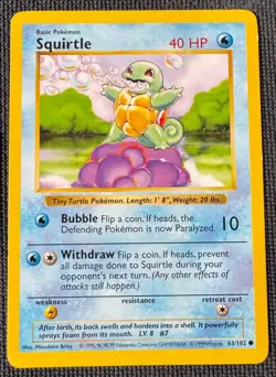 SQUIRTLE 63/102 COMMON BASE SET POKEMON SHADOWLESS MP - Image 1