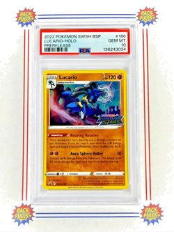 Lucario Holo 2022 Pokemon TCG Brilliant Stars Stamp Prerelease #186 PSA 10 Mint - Image 1