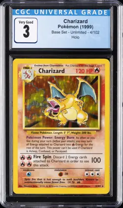 1999 POKEMON BASE SET UNLIMITED #4 CHARIZARD CGC 3 - Image 1