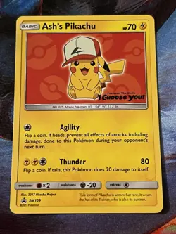 Pokemon TCG Ash's Pikachu SM109 Special Promo Card Played - Image 1