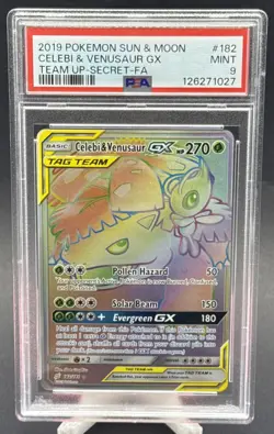2019 POKEMON SUN & MOON TEAM UP SECRET #182 FULL ART/CELEBI & VENUSAUR GX PSA 9 - Image 1