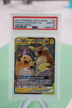 PSA 10 Gem Mint 2019 Pokemon Raichu & Alolan Raichu GX 54/236 Unified Minds - Image 1