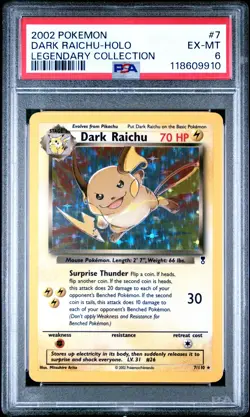 2002 Pokemon Legendary Collection #7 Dark Raichu Holo PSA 6 EX-MT - Image 1