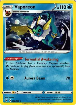 Pokemon TCG Vaporeon Vivid Voltage Cosmos Holo 030/185 VLP - Image 1