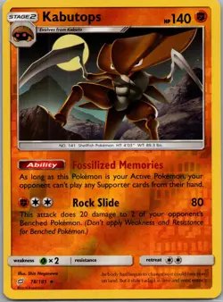 KABUTOPS 2019 RARE STAGE 2 POKEMON CARD - TEAM UP SET - #78/181 - Reverse Holo - Image 1
