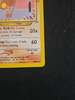 Pokemon TCG Hitmonlee Card #42/105 Neo Destiny Unlimited Uncommon LP Vintage - Image 4