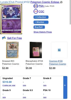 Pokemon Lunala Club Promo Holo Cosmic Eclipse Rare #102/236 Card - Image 1