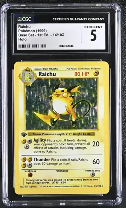 CGC 5 Raichu 1999 Base Set 1st Edition 14/102 Holo Pokemon Card - Image 1