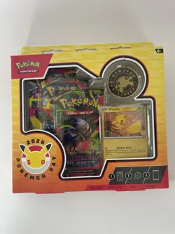 Pokemon Day 2026 Collection Box Pikachu Promo Card Coin 3 Packs Sealed NEW - Image 1