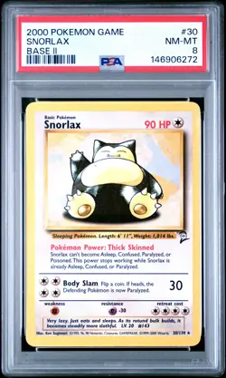 2000 POKEMON BASE SET 2 #30 SNORLAX PSA 8 - Image 1