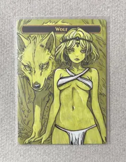 Magic MTG Altered Painted Wolf Token Anime Girl by white_alters - Image 1