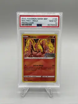Pokemon TCG Brilliant Stars Moltres Holo Prerelease Black Star Stamp PSA 10 - Image 1