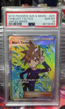 2019 POKEMON SUN & MOON UNIFIED MINDS #231 FULL ART/BLUE'S TACTICS PSA 10 - Image 1