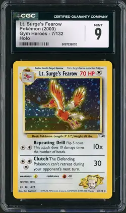 2000 Pokemon Gym Heroes Unlimited Lt Surge's Fearow Holo Rare 7/132 CGC Mint 9 - Image 1