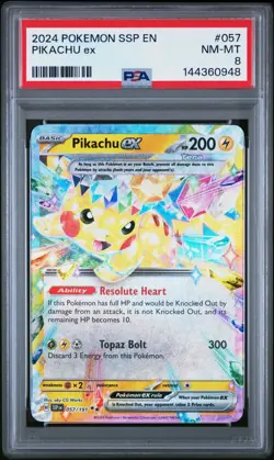 2024 POKEMON SSP EN-SURGING SPARKS #057 PIKACHU EX PSA 8 NEAR MINT HOLO RARE TCG - Image 1