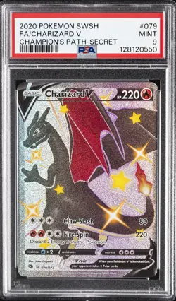 2020 POKEMON SWORD & SHIELD CHAMP'S PATH SECRET #079 FULL ART/CHARIZARD V PSA 9 - Image 1